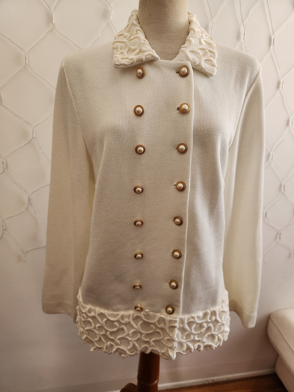 Vintage Leslie Fay Cream Double-Breasted Knit Blazer • Rich Girl • Size 14